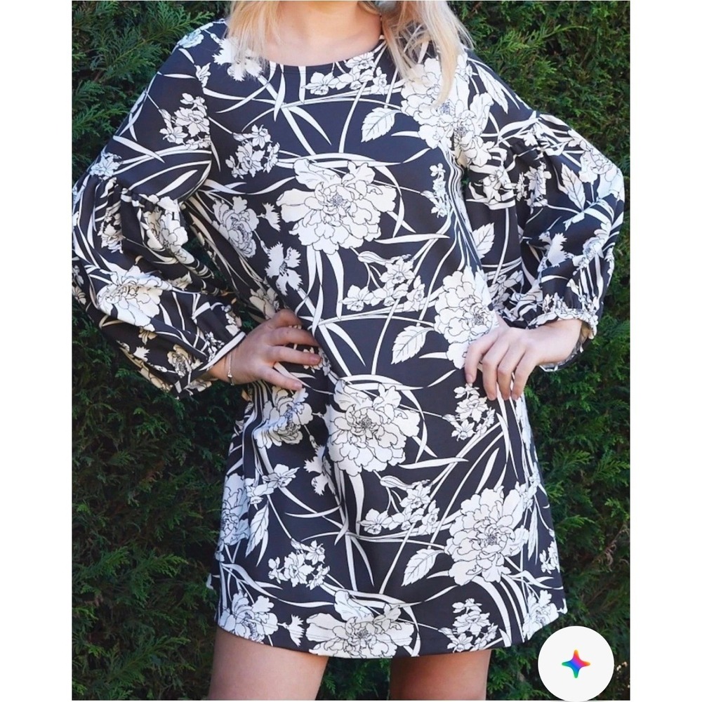 bryn WALKER L Large Lantern Long Sleeve Dress Black & White Floral NWT $210 L803 - Picture 2 of 8